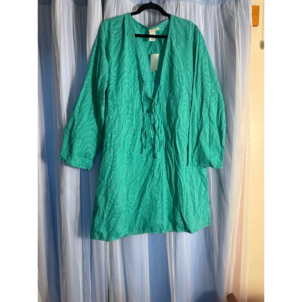 Echo Swim Cover Up Dress Women XL Teal Green NEW Cotton‎ Embroidered Tie Front